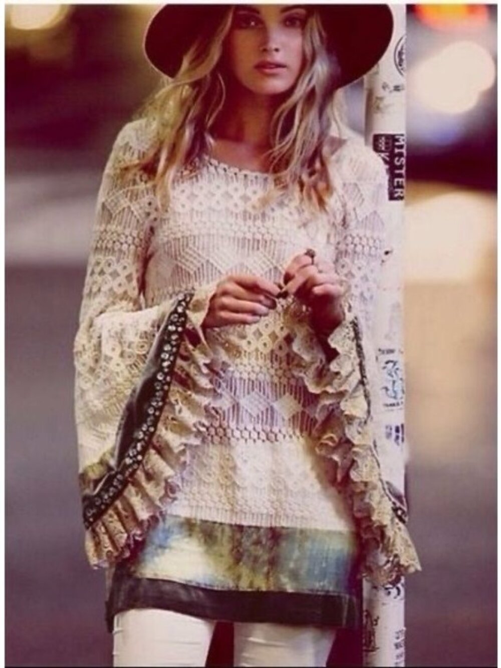 RARE Free People Embellished Bell Sleeve Lace Tunic Mini Dress S/M | Boho Indie